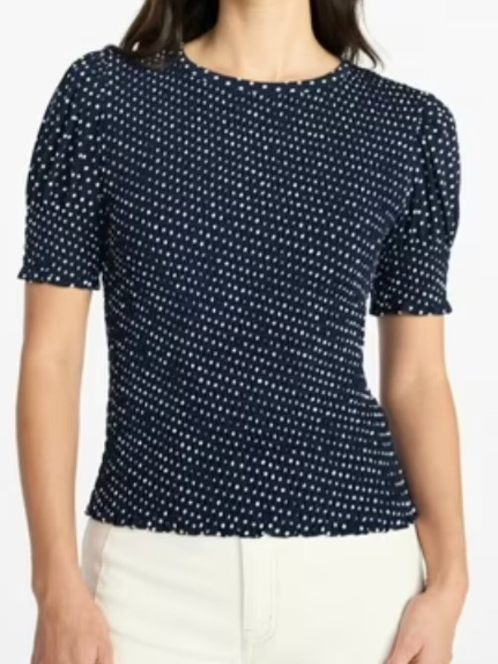 Time and Tru Women’s Size XS 0-2 Smocked Top Short Puff Sleeves Navy Blue White